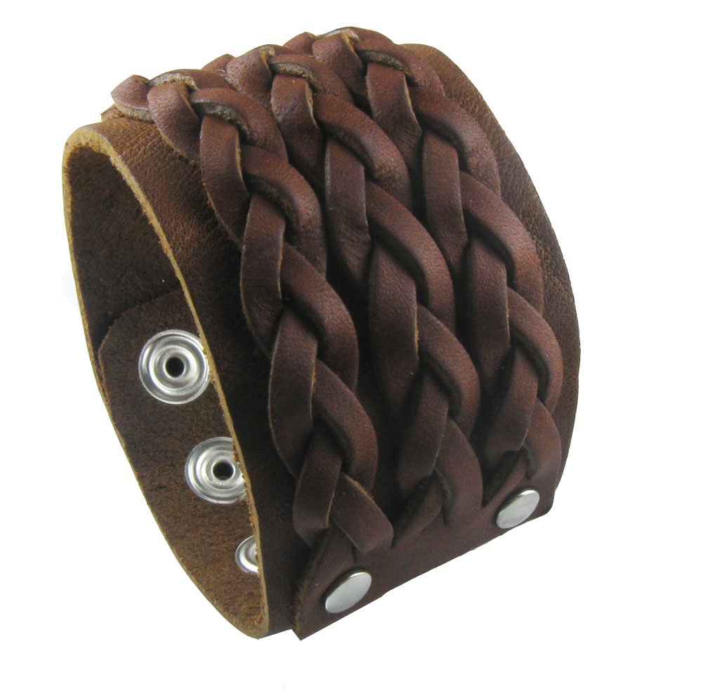 Jasmine 1.8" Wide Braided Design Brown Punk Rock Biker Leather Bracelet Bangle Bracelet Cuff Wristband for Men Women Boys Girls Unisex - Adjustable (LSB001)