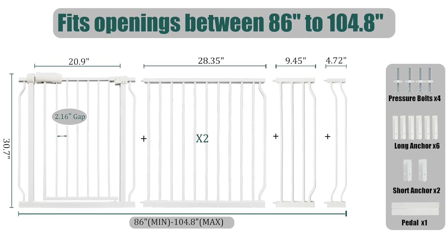 Extra Wide Baby Gate 86-105" Dog Gate Indoor Pressure Mounted No Drill Safety Gate for Kitchen, Doorways & Hallways, White Metal Pet Gate for Dogs