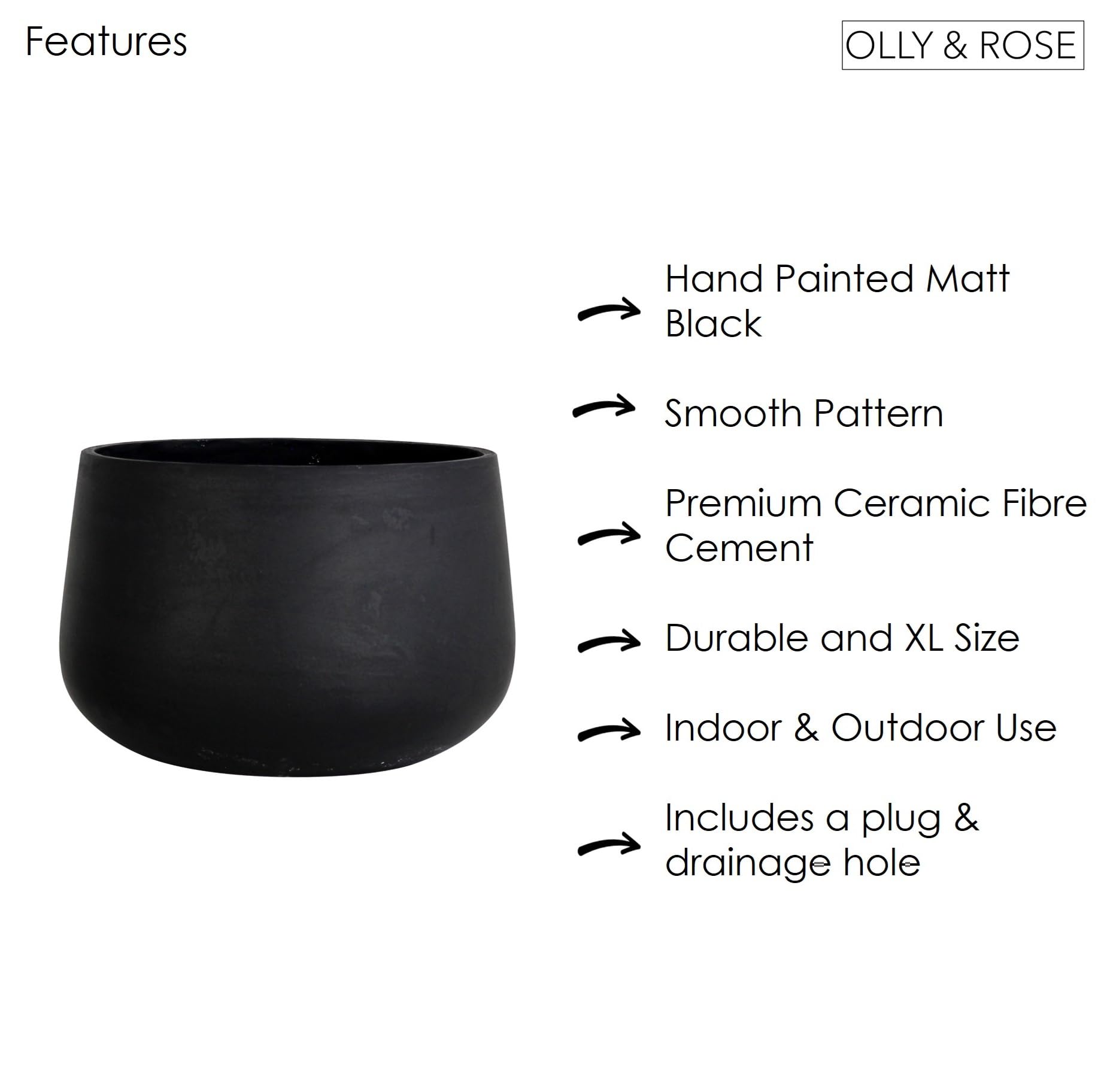 Olly & Rose Bardzo duża donica na rośliny z czarnego matowego włókna - doniczka XL do wewnątrz na zewnątrz - 46 cm 18"