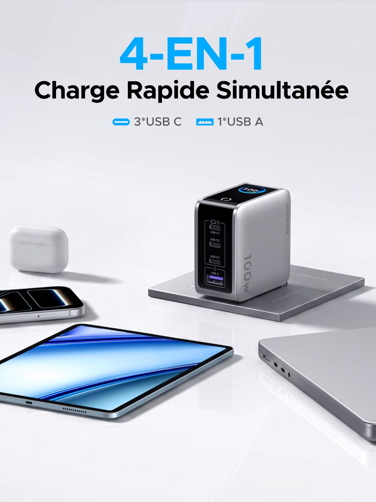 UGREEN Nexode Pro 100W Chargeur Rapide USB C 4 Ports avec Écran Intelligent