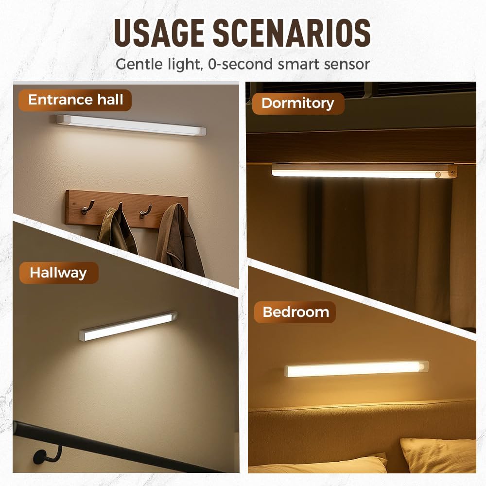 Punch-Free Smart Sensor Magnetic Rechargeable LED Lights, 2026 Upgraded Lntelligent Motion Sensor Light Strip, 3 Colors-Dimmable, Under Cabinet Lighting Wireless (4, Warm Light, 30cm/11.8in)