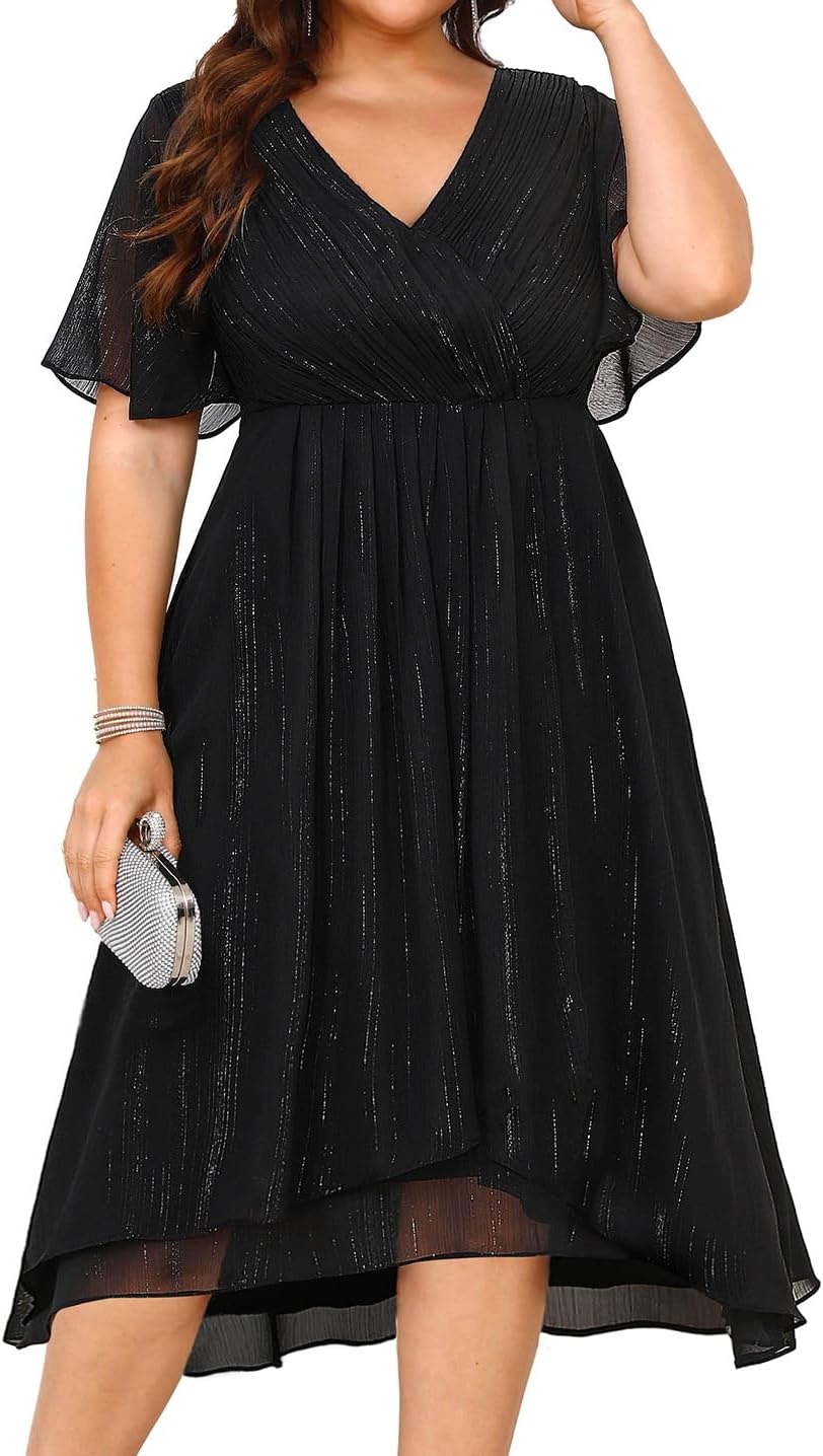 Plus Size Cocktail Dress - Formal Wedding Guest Fall Long Sleeve A Line Pleated V Neck Midi Dresses for Curvy Women - Image 2
