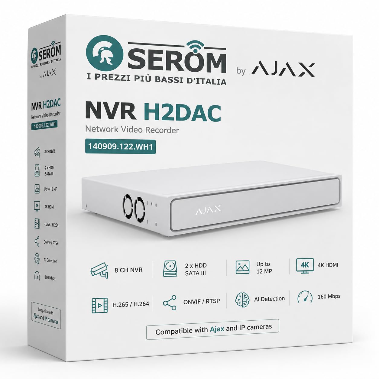 NVR H2DAC 8 Canali Bianco 4K HDMI con AI, H.265, 2 HDD fino 16TB, 160 Mbps per Videosorveglianza Professionale - 140909.122.WH1