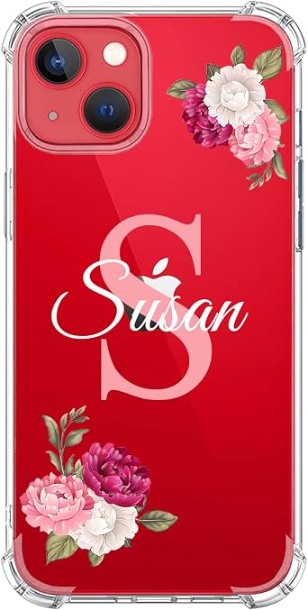 Custom Name & Initial Crystal Clear Case, Compatible with iPhone 16 Pro Max 15 Plus 14 13 12 11 Xs Max XR 8 7 6 Plus 11 Mini SE3,Thin Shockproof Protective CaseMei Red Flowers