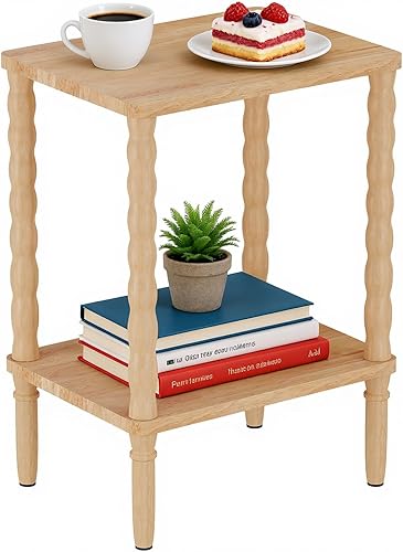 Miniatura 1 de Mesa auxiliar de madera maciza, pequeña mesa auxiliar retro, mesa auxiliar estrecha para sofá con estante de almacenamiento, mesita de noche delgada