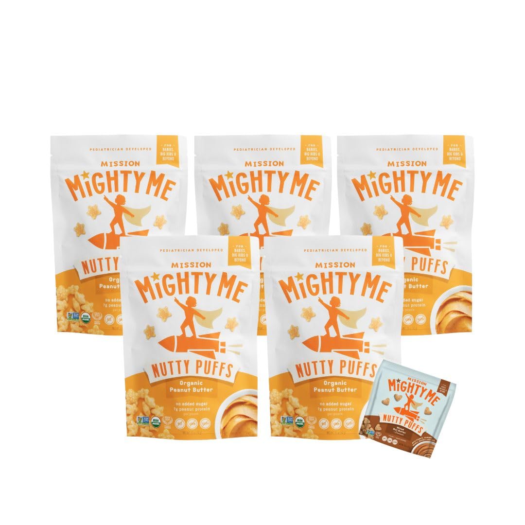 Mission Mighty Me Nutty Puffs Organic Peanut Butter Puffs for Babies + Kids - Pediatrician Developed, Plant-Based Gluten-Free Baby Snack - Peanut, and