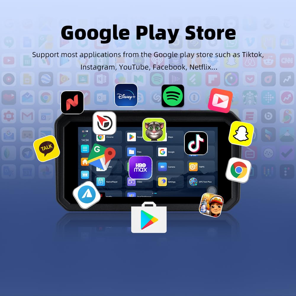 6" Android Moto CarPlay Display, 4G SIM App, Doppia 1080P Dash Cam | TPMS, Navigatore GPS Impermeabile IP67, Download App 4G, Supporto Magnetico, TPMS Pressione Pneumatici & Telecomando Manubrio
