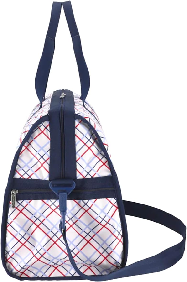 LeSportsac Modern Tattersall Deluxe Large Weekender Crossbody Bag, Style 4319/Color E839, Classic Navy & Bold Red Unite on Crisp White Bag, Modern Lilac Accent, Fun Interpretative Tartan Plaid - Image 3