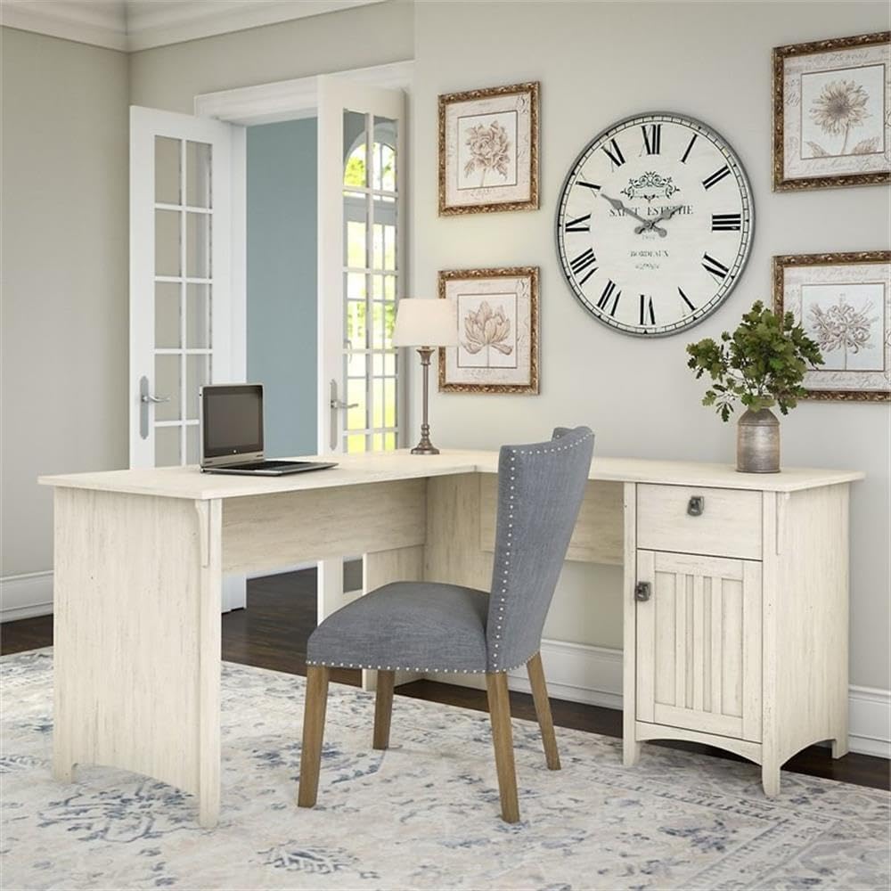 Scranton & Co Farmhouse L Shaped Desk with Storage, 60x60x29.96 in, Laminate Over Engineered Wood, Antique White Finish, Space-Saving Workstation, Mission Style Home Office Desk with Adjustable Shelf