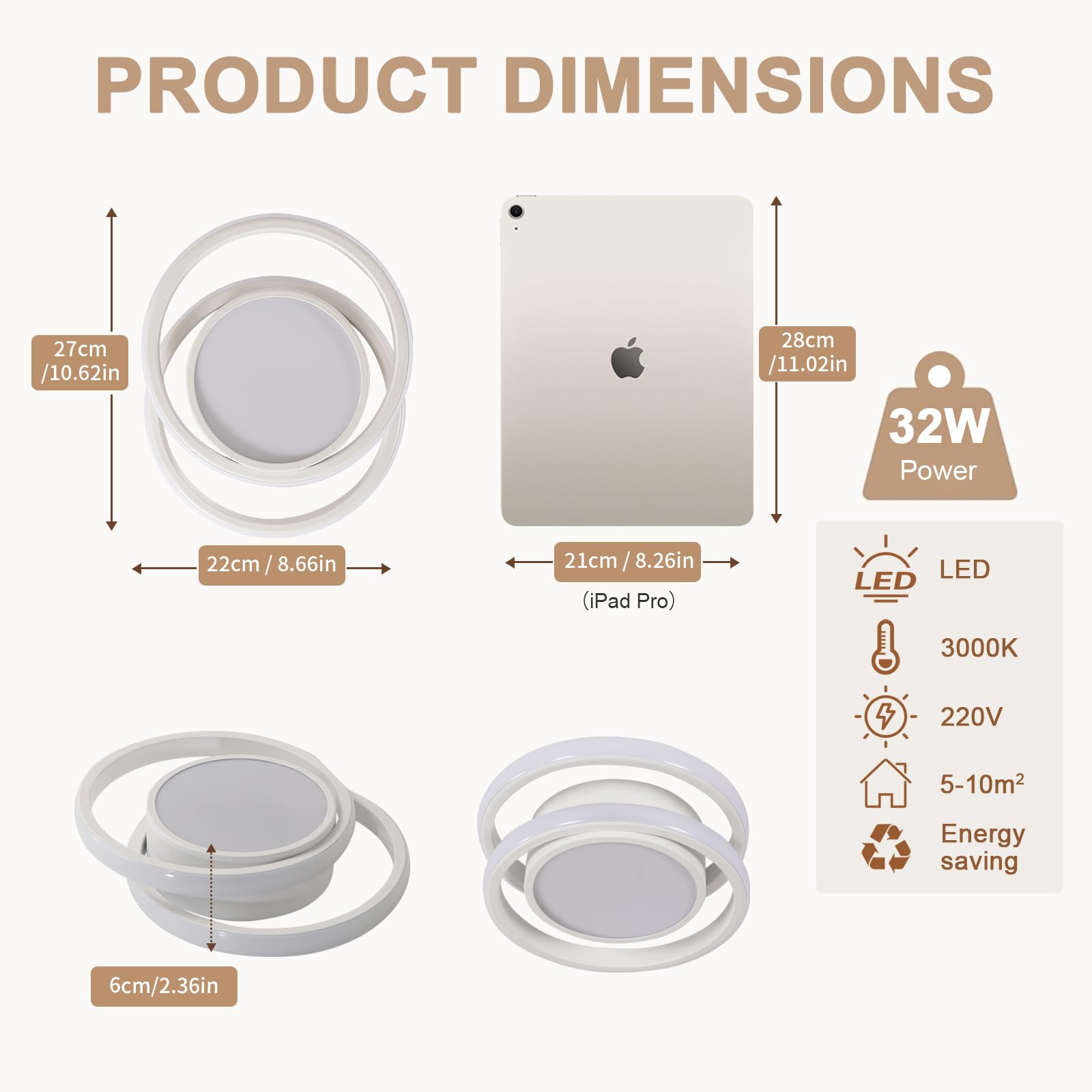 Comely lampa sufitowa LED, okrągła lampa sufitowa, ciepła biel 3000 K 32 W, nowoczesna lampa sufitowa LED do korytarza, kuchni 28 cm
