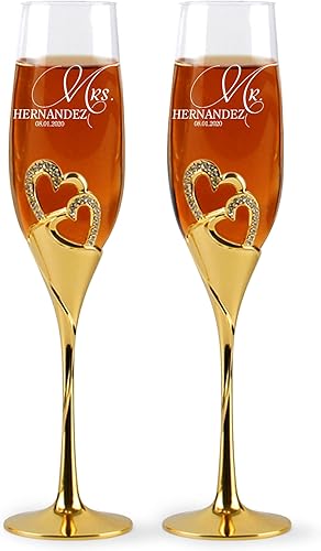 Juego de 2 copas de flauta para tostar, sin costuras, con caja, copas de champán para novia y novio, juego de 2 flautas de brindis para parejas de