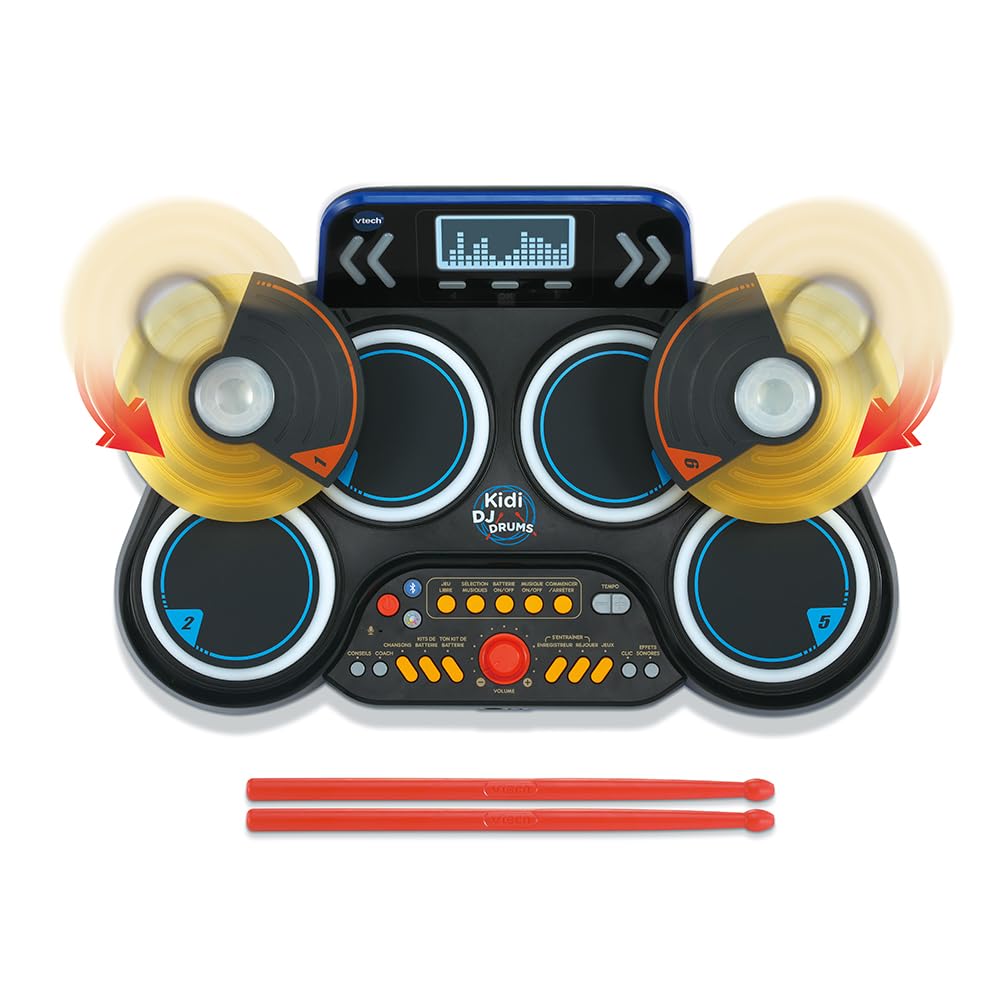VTech - Kidi DJ Drums, Batterie Électronique Enfant avec Pads Lumineux, Cymbales, Baguettes, Bluetooth, Prise Jack pour Casque, Apprentissages et Jeux, Cadeau Enfant Dès 6 Ans - Contenu en Français