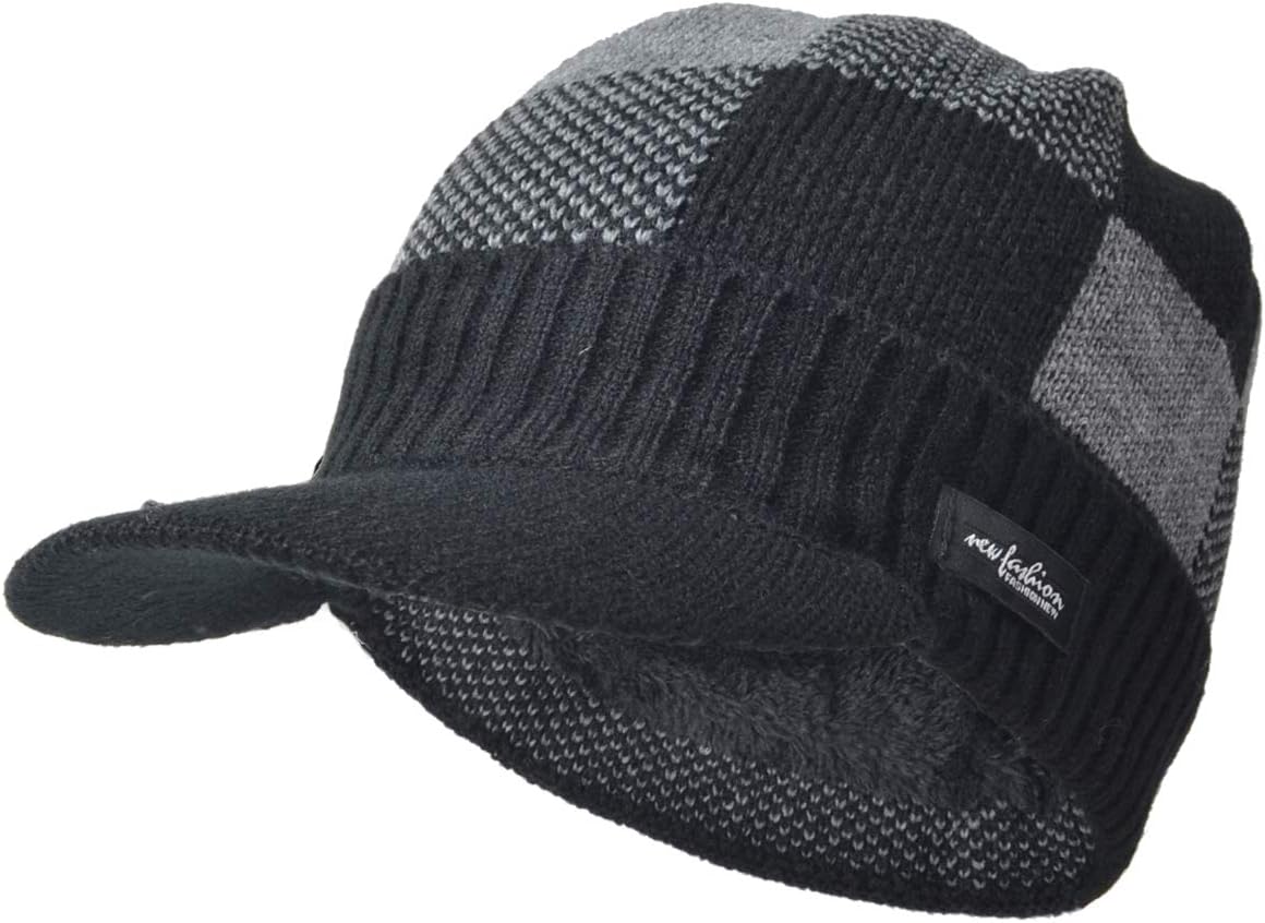 Mens Beanie with Brim Winter Hat Knitted Thick Fleece Visor Beanie with Bill B5042