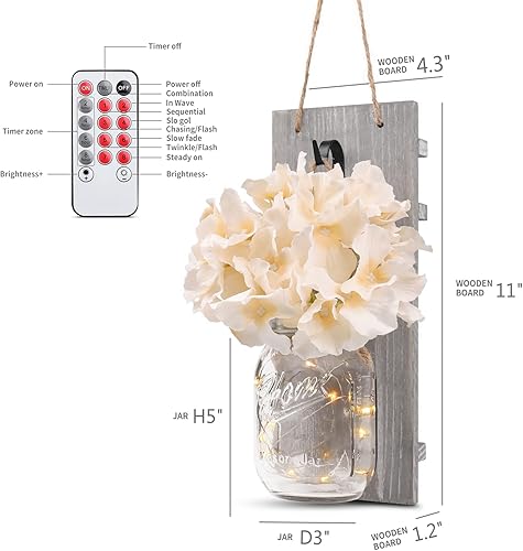 Miniatura 5 de HOMKO - Decoración de pared para tarro de máscaras diseño rústico con luces Led y flores 2 unidades Marrón, Café Oscuro, Gris, Marrón (Rustic