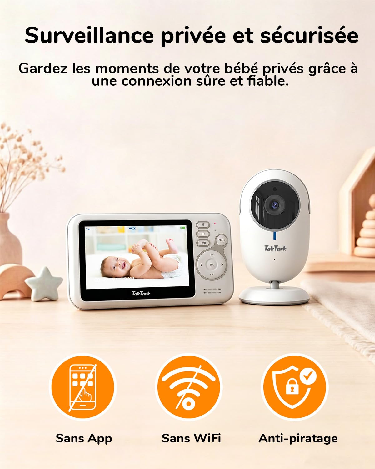 TakTark Babyphone Camera, Babyphones 4.3'' IPS Babyphone Vidéo, Camera Bebe Surveillance, Visiophone Bébé, VOX, Vision Nocturne, Communication Bidirectionnelle, Capteur de Température