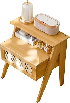 Rattan Nightstand,Mid Century 1-Drawer Wood Side Table,Bedside Wood Accent End Table with Storage Drawers for Bedroom Living Room,Original