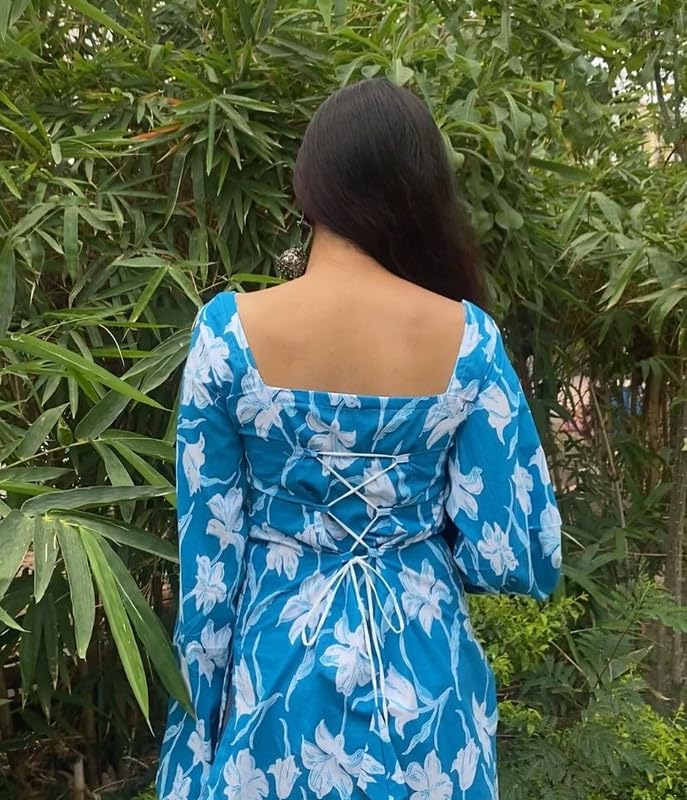 Image of Rayon Floral Print Short Kurti for Women | Square Neck Long Sleeve Top for Women | Criss Cross Back Desing Kurti | Soft Breathable Fabric | Relaxed Fit | Casual and Office Wear