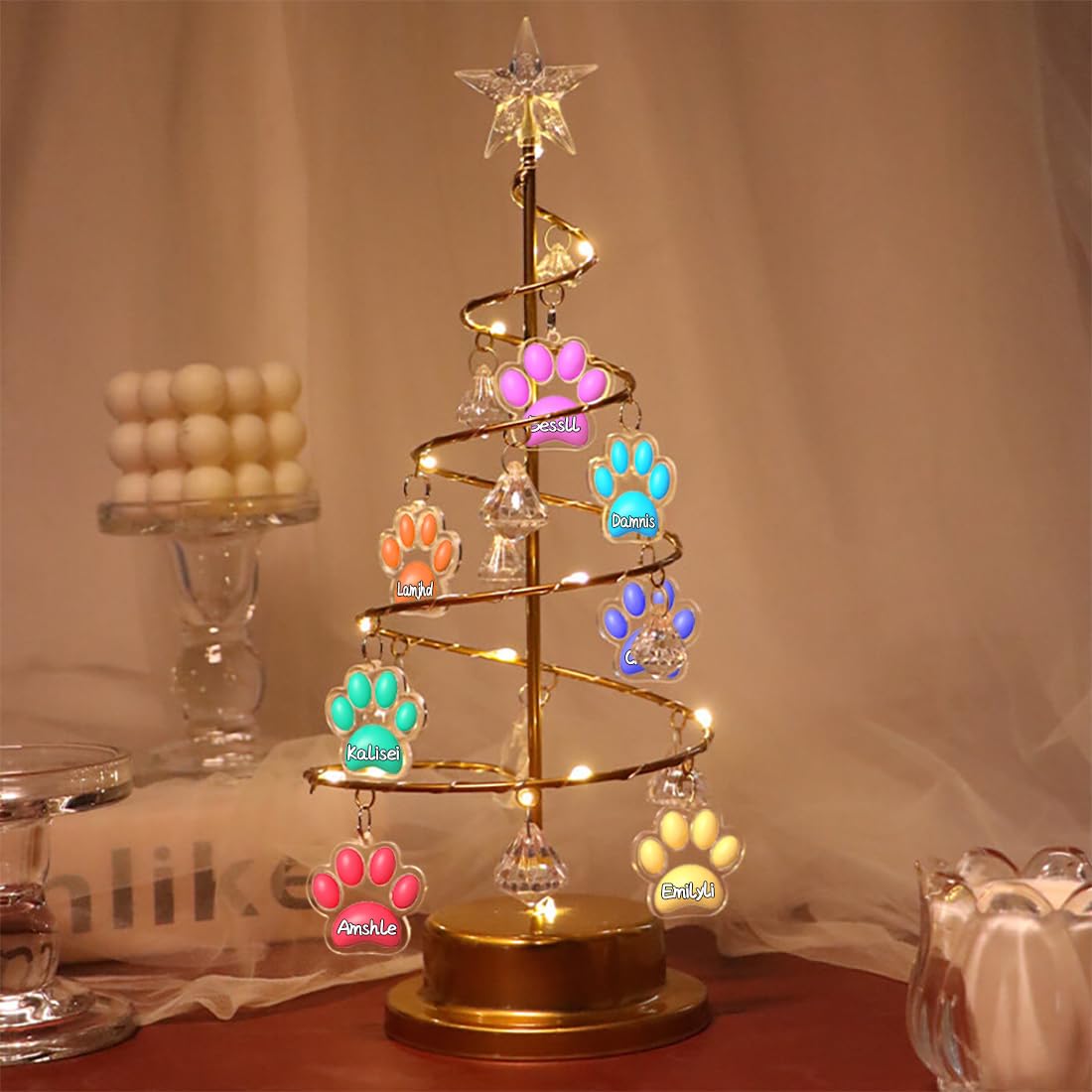Personalized Name Dog Paw Christmas Tree Light, Custom Name Christmas Dog Paw Tree, Metal Xmas Christmas Tree with Dog Paw Ornaments,Famliy Christmas Dog Paw Decoration Gifts for Famliy