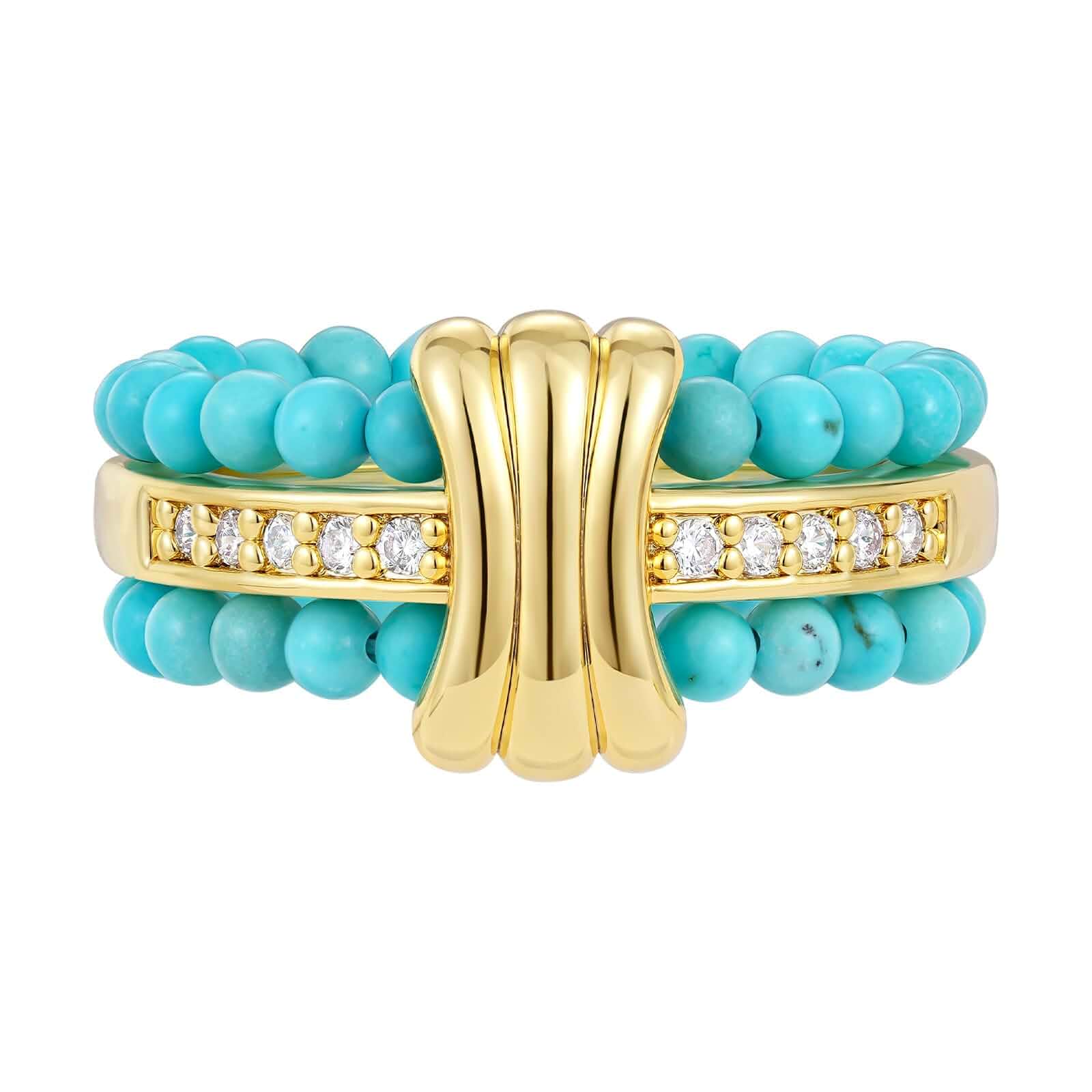 KissYan Stackable Beaded Rings for Women, 14K Gold Plated Band Ring Natural Stone Bead Layered Ring Set, Turquoise/Malachite/Clear Quartz Minimalist Statement Stack Jewelry Gift, Size 6-8