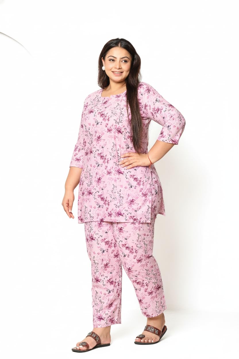 Women's Cotton Floral Printed Co-ord Set, Plus Size Nightwear Loungewear with Pockets, 3/4 Sleeve Top and Pant-picture-56
