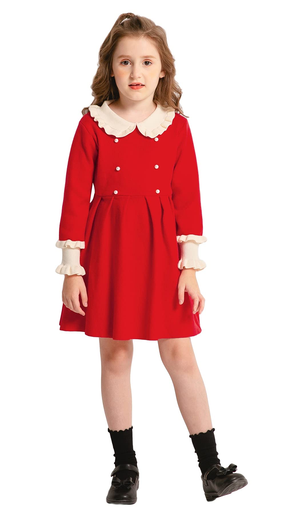SMILING PINKERGirls Dresses Ruffle Peter Pan Collar Sweater Long Sleeve Knit Pleated Dress