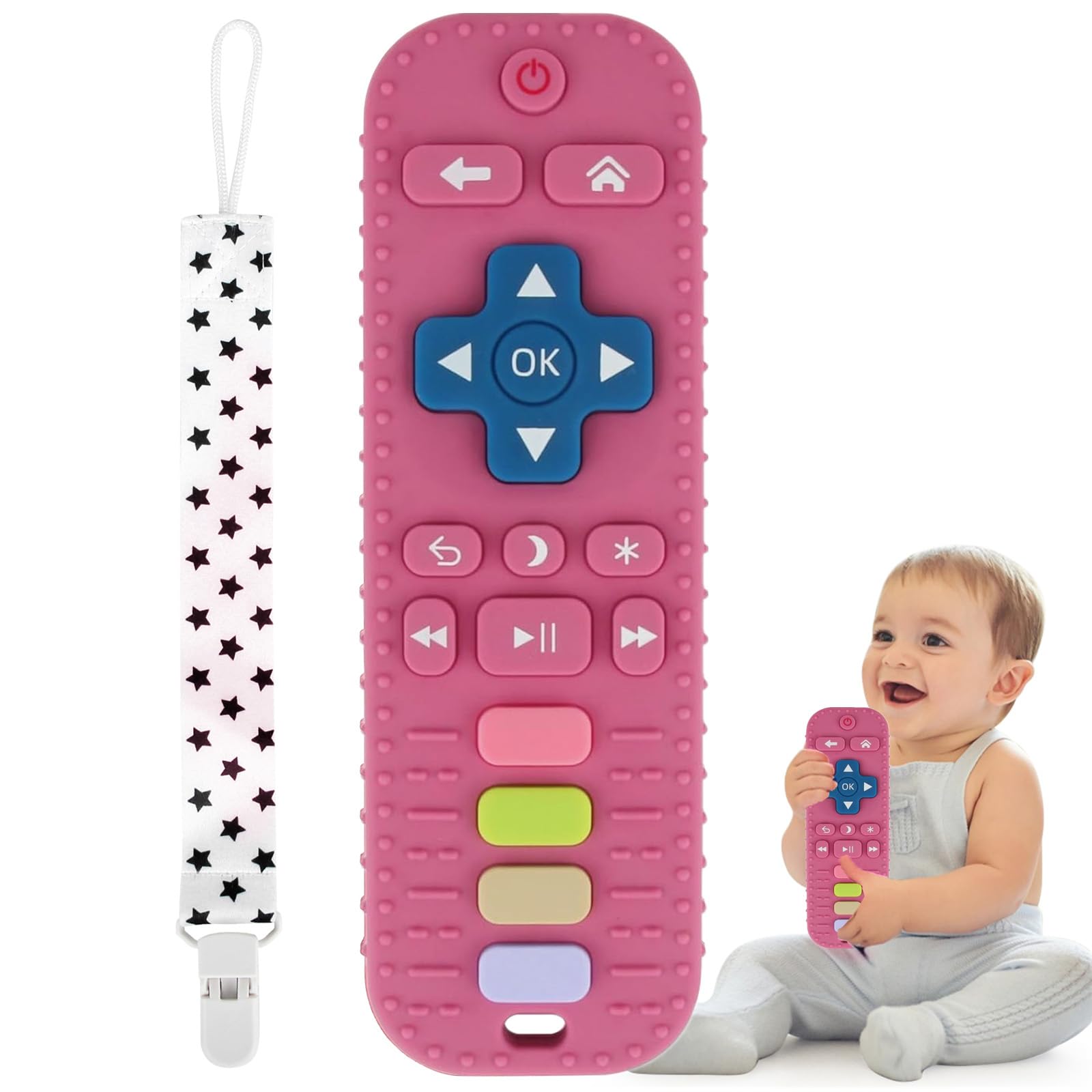 Fu Store Silicone Teething Toys for Infant Toddlers, Remote Control Shape Teethers for Babies Chew Toys, Relief Soothe Babies Gums Set, BPA Free Freezable Dishwasher and Refrigerator Safe (Rose Pink)