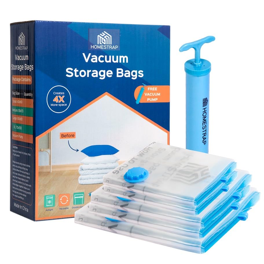 HomeStrap Vacuum Storage Bags with Pump (Pack of 5) 2 Medium 2 Large 1XL| Airtight and Reusable Space Saver Double Ziplock Compression Bags with Vacuum Pump|Creates 4x More Space for Clothes, Blankets