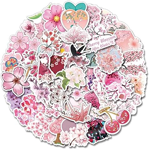 62Pcs Cherry Blossom Flowers Aesthetic Stickers Pack, Kawaii Vinyl Waterproof Sticker Decals for Water Bottle,Laptop,Phone,Scrapbooking,Journal Gifts for Adults Teens Kids for Party Supply Favor Decor Cover