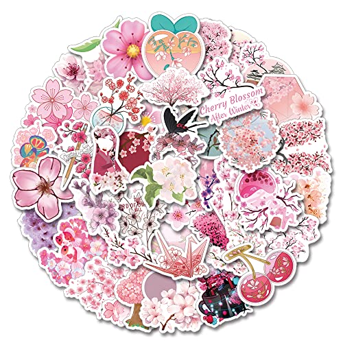 62Pcs Cherry Blossom Flowers Aesthetic Stickers Pack, Kawaii Vinyl Waterproof Sticker Decals for Water Bottle,Laptop,Phone,Scrapbooking,Journal for Party Supply Favor Decor