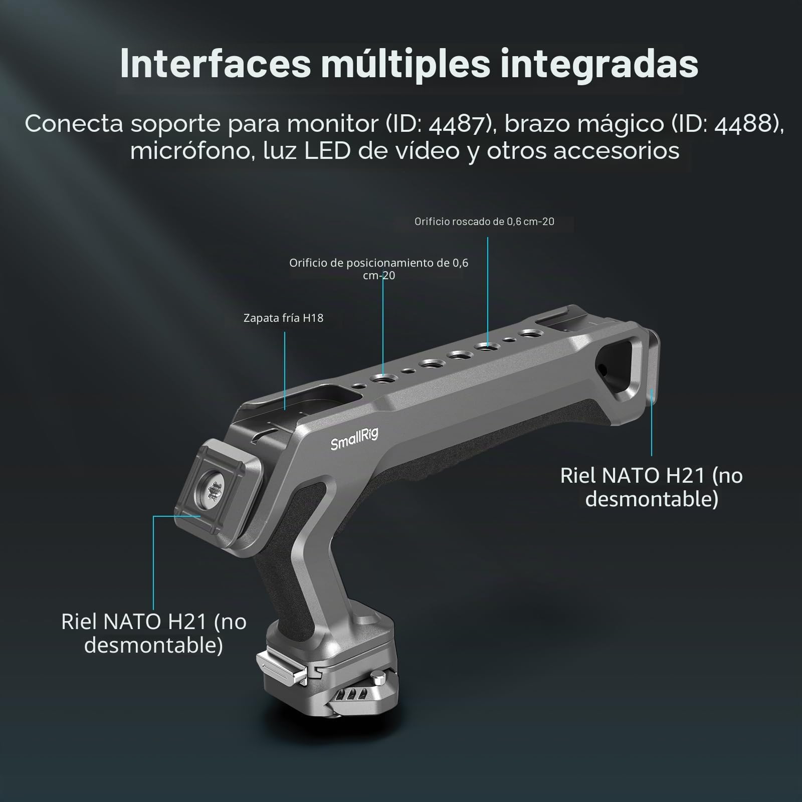 SMALLRIG HawkLock H21 Top Handle con Riel NATO de Liberación Rápida, Instalación Suave en Dos Direcciones, Diseño Ergonómico, 15 kg Máx. Carga, Múltiples Puntos de Montaje Incorporados - 4483