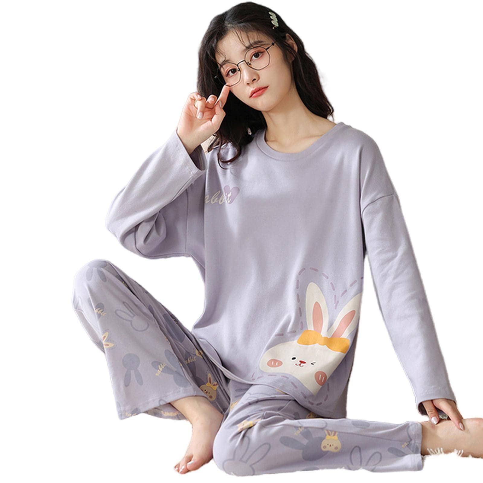MOGSA Pijama para mujer, conjunto de pijama de algodón para primavera y otoño, pijama de dibujos animados a cuadros, ropa de dormir, ropa de noche, ropa de hogar, W8, L asiático (50-60 kg), gris