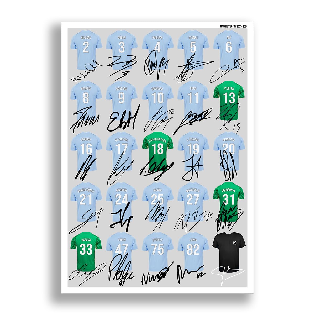 Mounted Gifts Trading Manchester City team squad 2024-2025 Signed poster print framed picture photo autograph gift 24/25 Haaland Grealish De Bruyne Doku (A3 poster only)