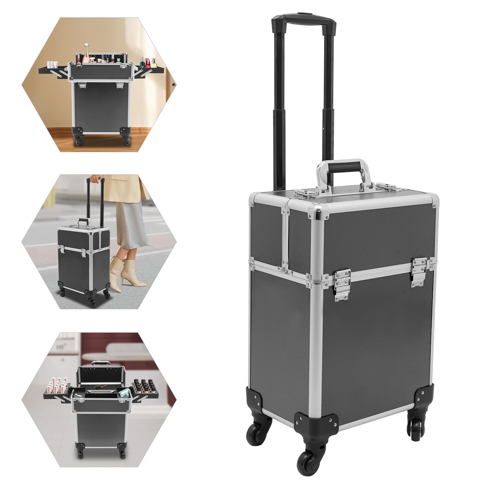 Valigetta per cosmetici, trolley per trucchi, grande valigetta da parrucchiere, per viaggi, con chiusura a chiave, con ruote girevoli a 360°, carico massimo 50 kg (nero), Nero ,
