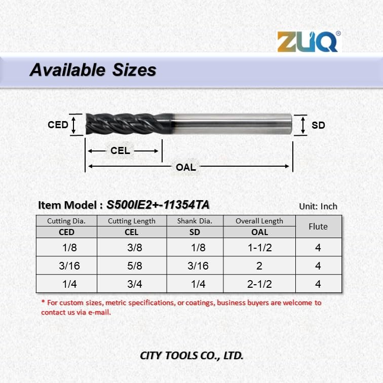 Image of ZUQ | 3 /16 inch Dia, 3 /16 inch Shank, Solid Carbide 4 Flute Square End Mill, Uneven Flute, Variable Helix, AlTiN Coated, for Alloyed Steel, Hardened Steel up to 55 HRC (S500IE2-11354TA-3 /16)