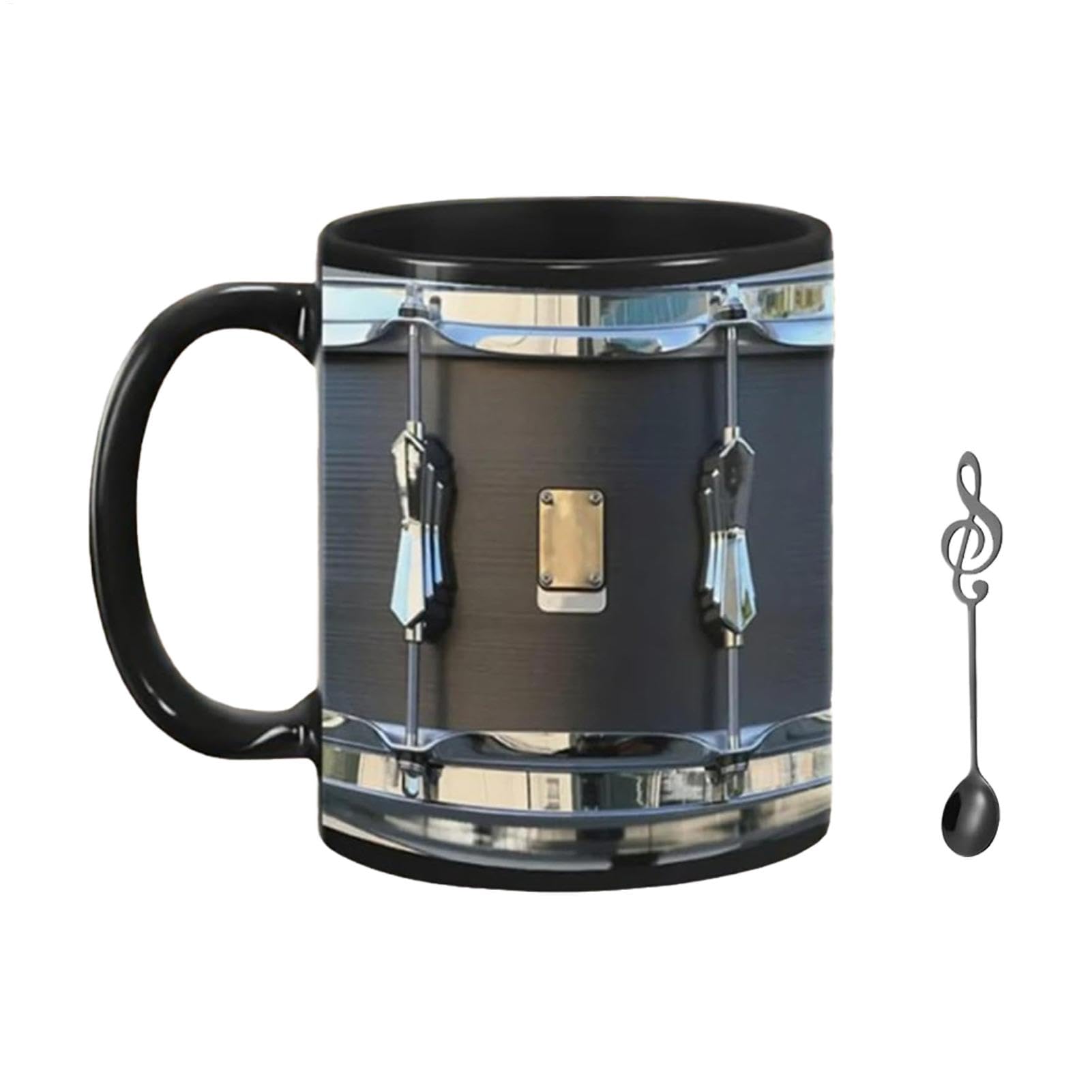 Black Vintage Drum Mug, Funny Drumming Coffee Cup, Rock Ceramic Mug with Music Notes Spoon, Drum Shape Mug for Hot and Cold Drinks, Drummer Rock Music Present for Drummer & Drum Lover