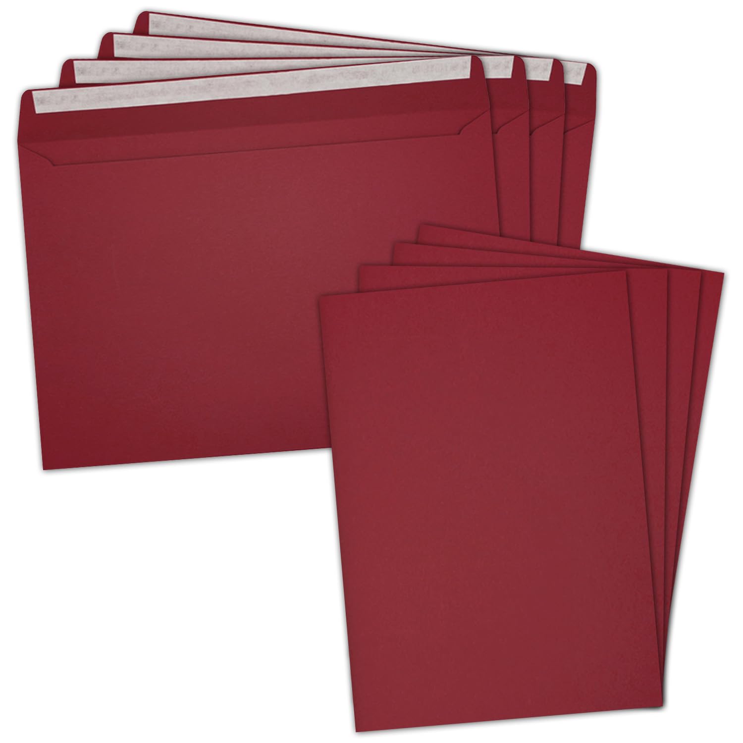 Zestaw 50 sztuk pojedynczych kartek XXL w formacie DIN A4 (21 x 29,7 cm) wraz z kopertami w formacie DIN C4 – ciemnoczerwona – koperta z zaklejaniem – nadaje się do wysyłki kartek z życzeniami, dokumentów i bonów