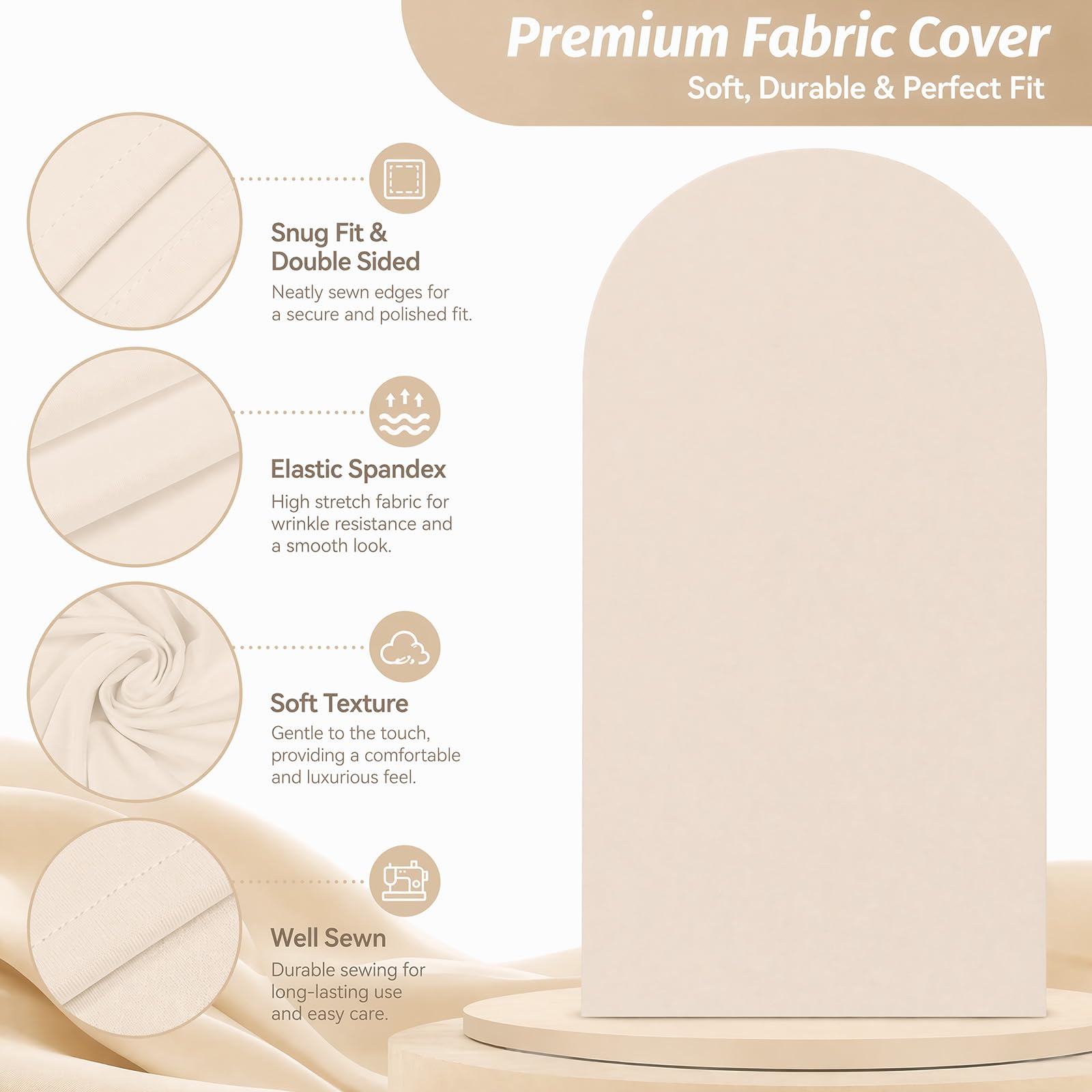 Lot de 3 toiles de fond pour arche de mariage, 1,8/1,5/1,2 m, dessus rond, double face, couverture de cadre pour fête d'anniversaire, cérémonie, banquet (beige)