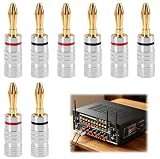 8 Piezas Conectores Banana 4mm Dorados 24K, Diseño 6 Hojas, Base Cobre Puro, Conectores a Tornillo para Cables Altavoces HiFi, Compatibles con Cables 0,75-4mm, 4 Rojos 4 Negros