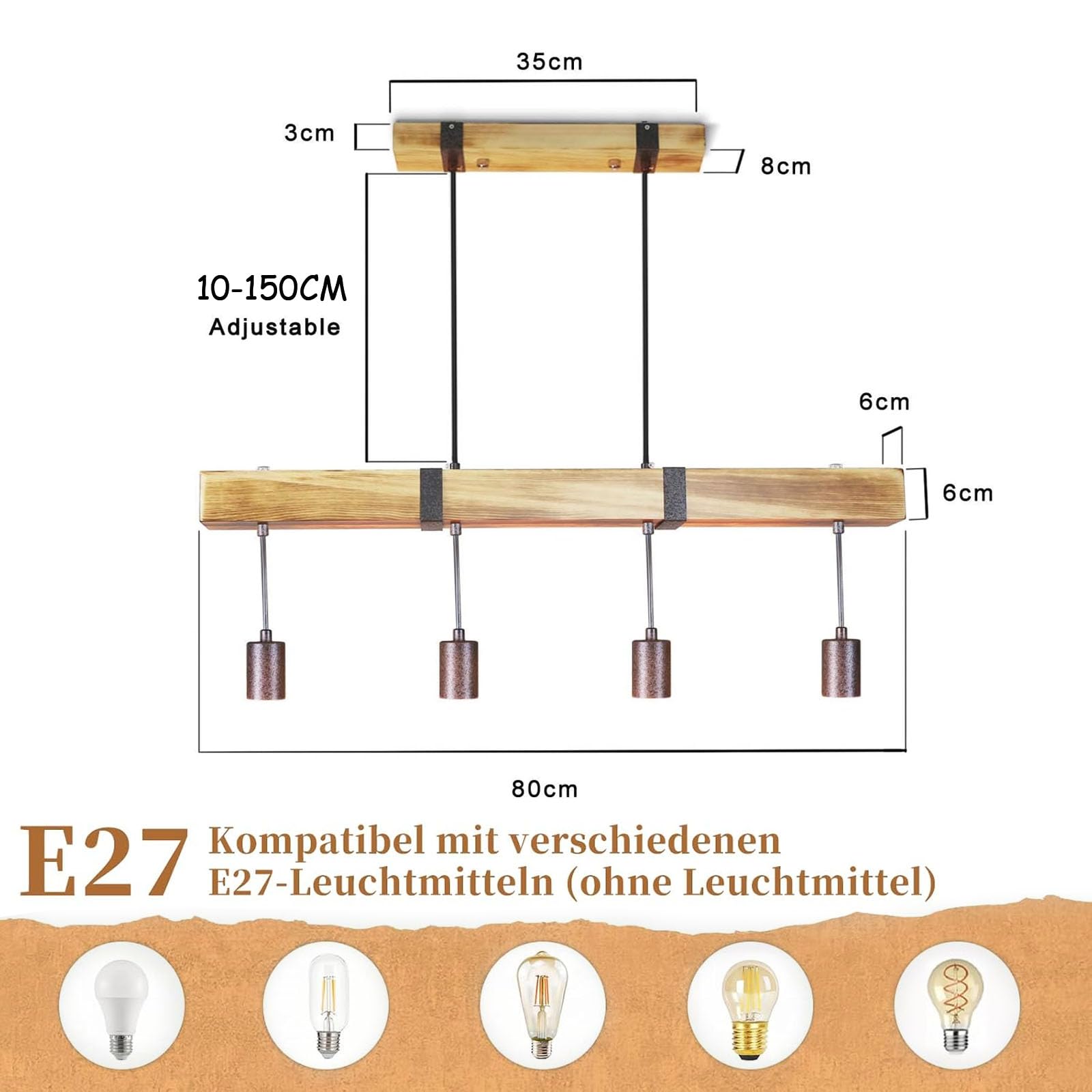 Lámpara de mesa de comedor colgante vintage de madera clara con vigas de | madera de 80CM 4 x E27 máx. 25 vatios, Lámpara colgante industrial regulable en altura para comedor, cocina, bar, restaurante