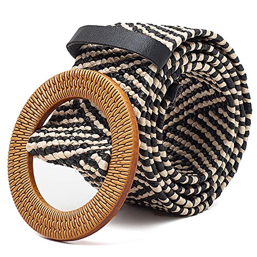 cherrypop Cinturón Ancho de Paja Tejido Femenino Redondo Vintage Hebilla de Madera Camisa de Vestir Decorativa Cinturón Tiras Negras
