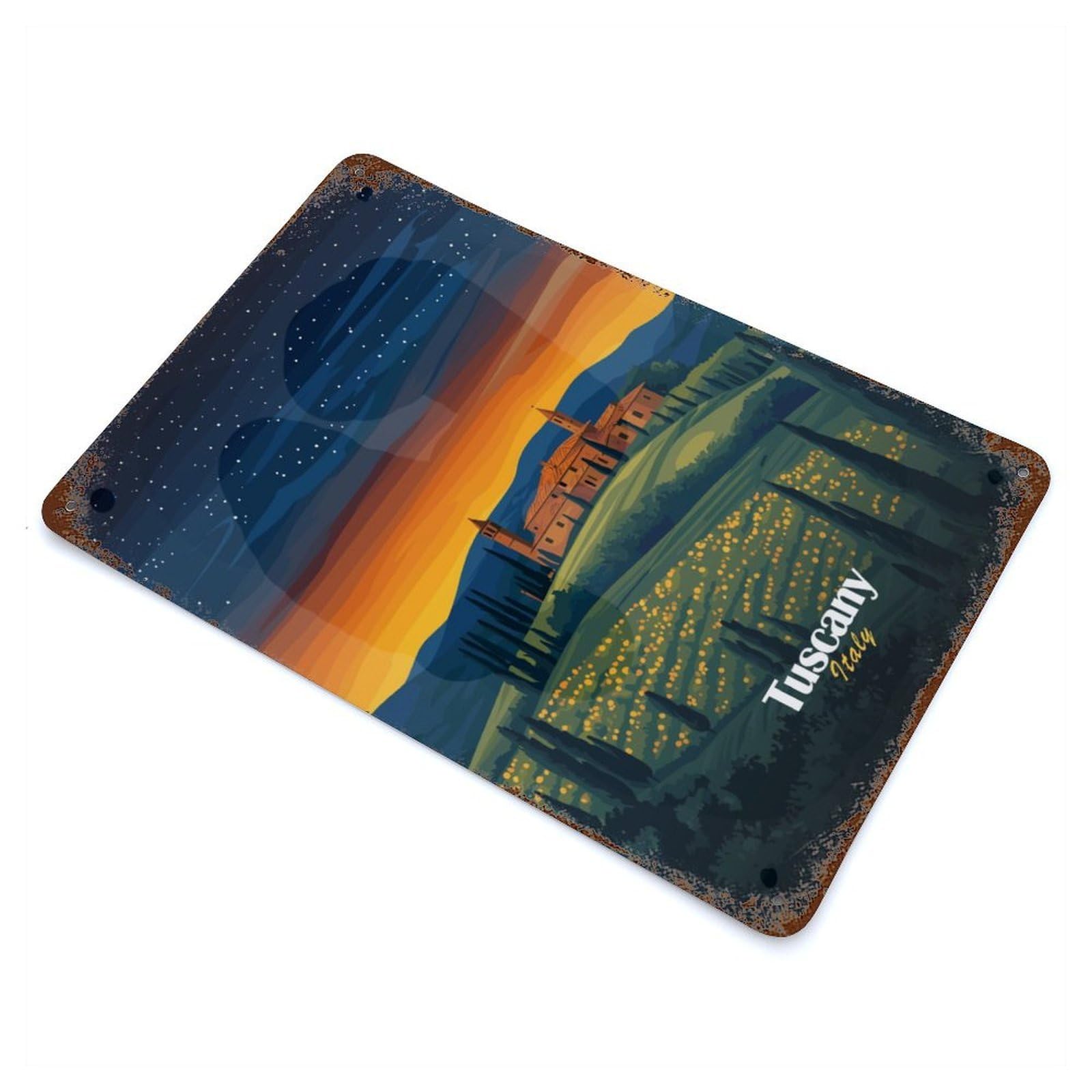 Tuscan Sunset Landscape 11.8"x7.9" Vintage Rust Metal Sign, Shabby Chic Decor for Garage, Bar And Workshop Decor
