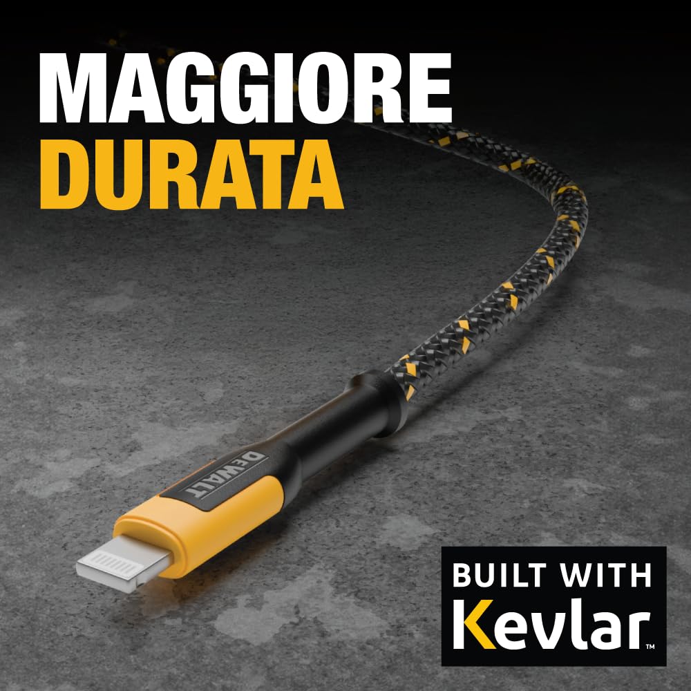 DEWALT Heavy Duty Cavo di Ricarica per iPhone, Confezione da 2, [Certificato Apple MFi], Cavo Lightning a USB da 1,2 m, Ricarica Rapida Compatibile con iPhone 14/13/12/11/13 Pro/13 Pro Max
