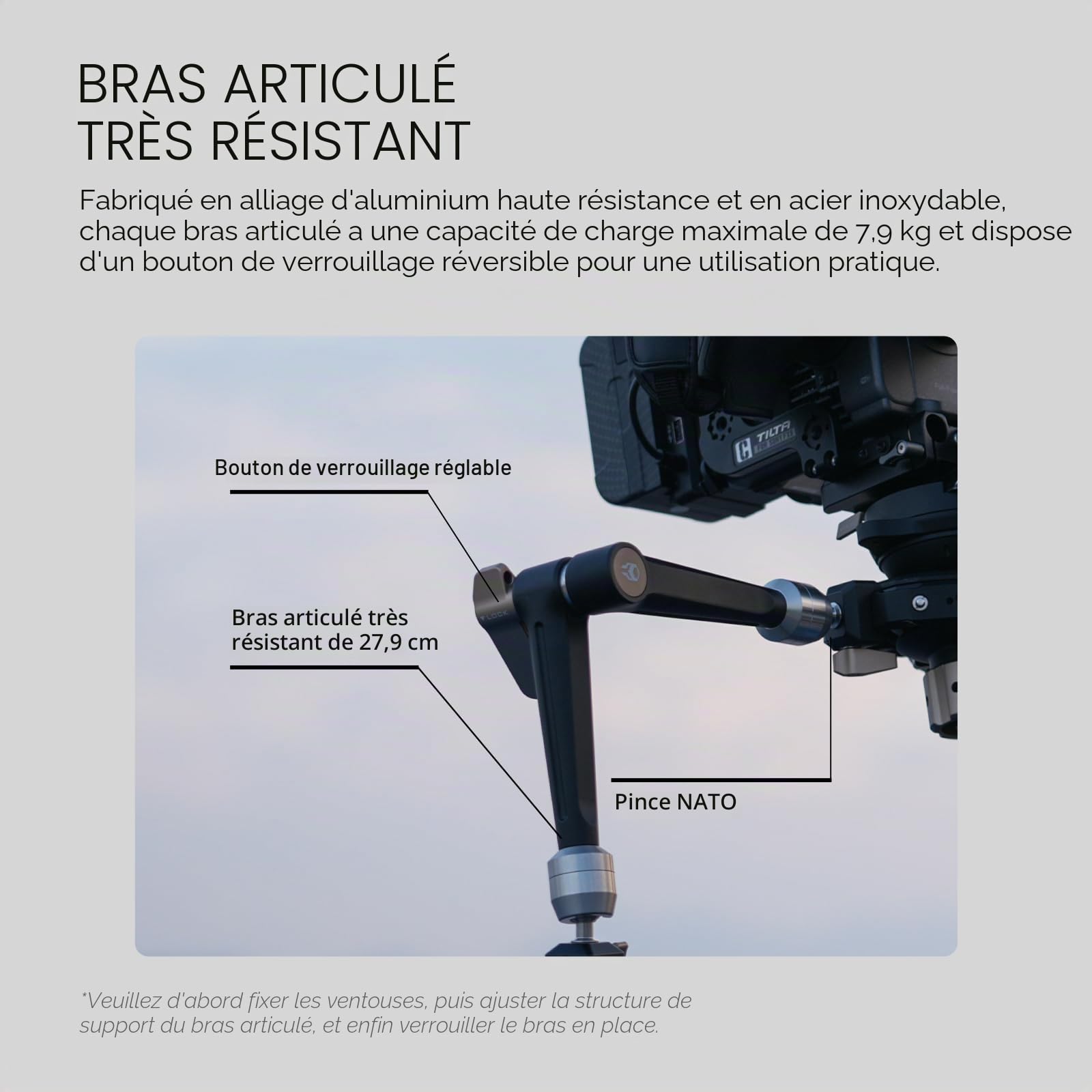 Tilta Hydra Système de montage articulé pour voiture avec ventouse 6'' avec rail NATO, bras articulé et plaque d'extension Manfrotto à dégagement rapide, charges utiles jusqu'à 44 lbs HDA-T11