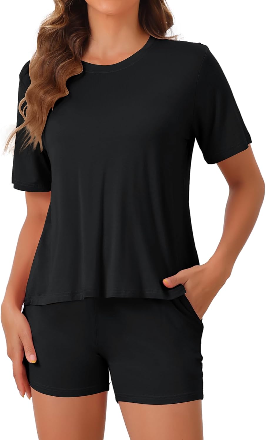 Womens Viscose Pajamas Set Boxy T-Shirt Matching Sleep Shorts Set Comfy Lounge Wear Set 2 Piece