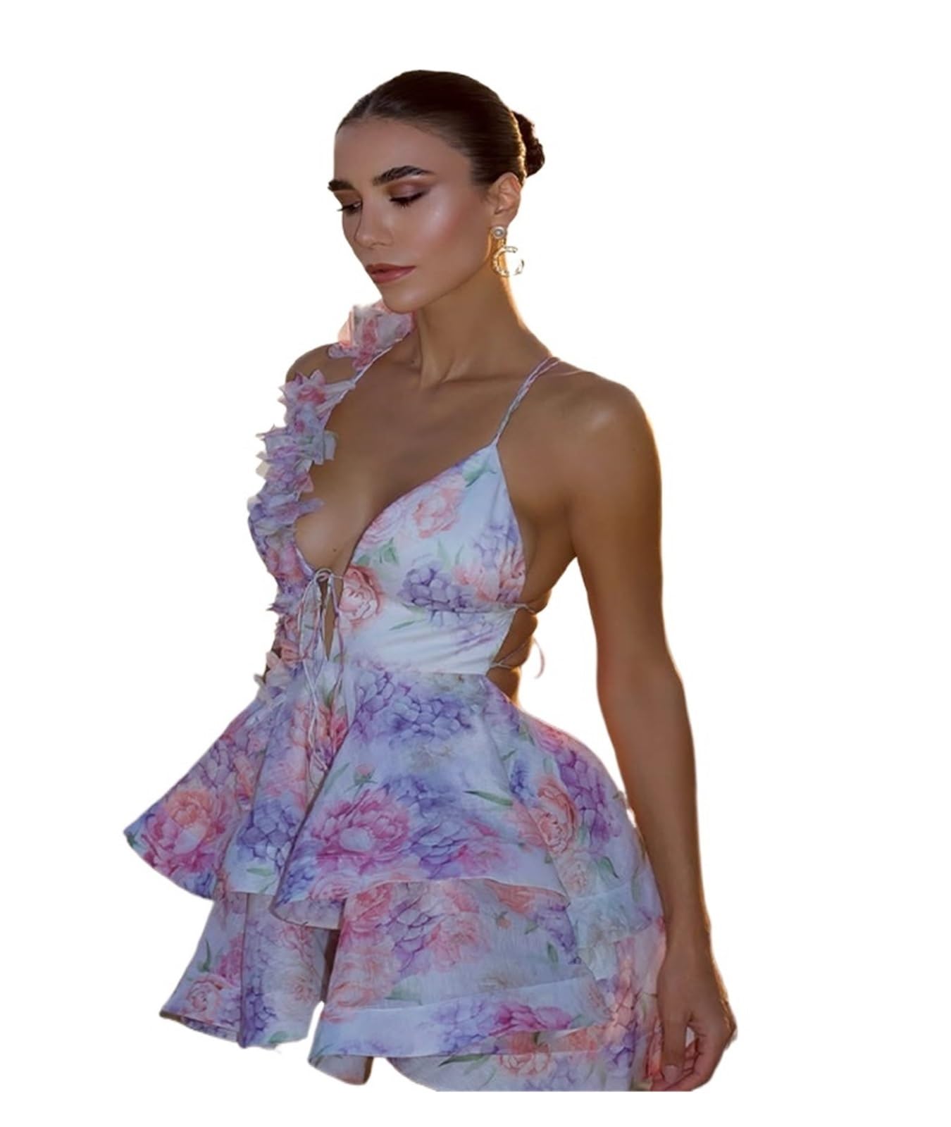 Vestido de Flores Minivestidos for Mujer con Estampado de Flores 3D y Escote en V Profundo Mangas Acampanadas