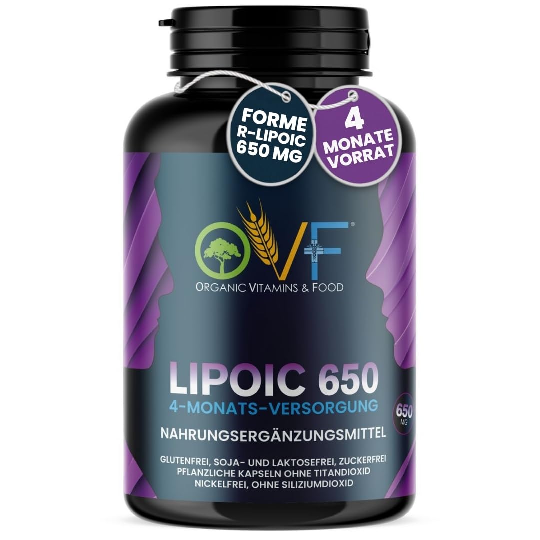 OVF R-Alpha Acide lipoïque 650 mg Hautement dosé, 120 gélules végétaliennes (4 mois de stockage), puissant antioxydant pour l'énergie, les nerfs et le métabolisme, sans dioxyde de silicium, 100