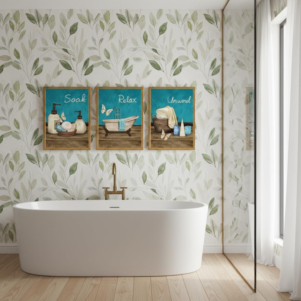 RyounoArt Teal and Brown Bathroom Decor Spa Pictures Wall Art Soak Relax Unwind Canvas Painting Prints Framed 12 * 16 inches each piece
