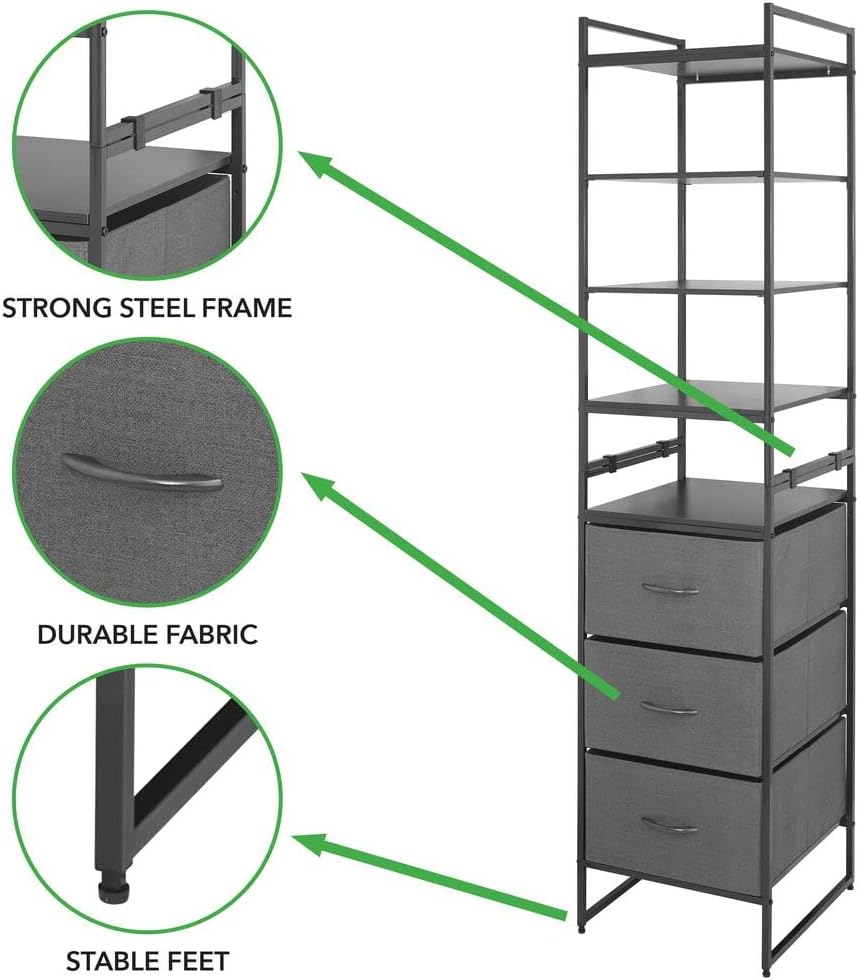 mDesign Modular Closet Organizer System, Vertical Storage Unit - Steel Frame, Easy Pull Fabric Bins for Bedroom, Hallway, Entryway, Closets, Textured Print - 3 Drawers, 5 Shelves - Charcoal Gray/Black