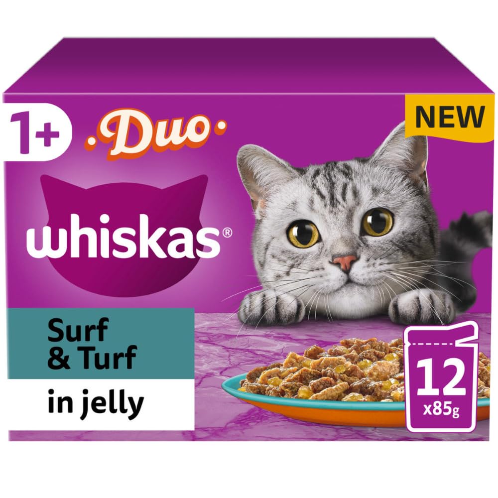 WhiskasTasty Duo 1+ Surf and Turf in Jelly 48 x 85 g Bag Cat Food for Adult Cats Pack of 4 (12 x 85 g)