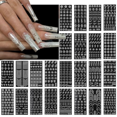 YUVKIN 24 Blätter Nail Sticker, Nagelsticker Selbstklebend, Schmetterling Mond Stern Herz Französisch Nagel Aufkleber Werkzeug, Nail Art, DIY für Frauen Maniküre Dekoration